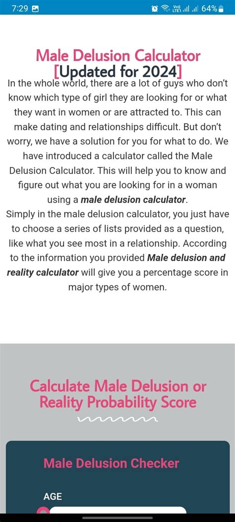 The Male Delusion Calculator attempts to gauge the extent to which men internalize these expectations and may provide insights into the impact of societal pressures on their self-worth. . Male delusion calculator
